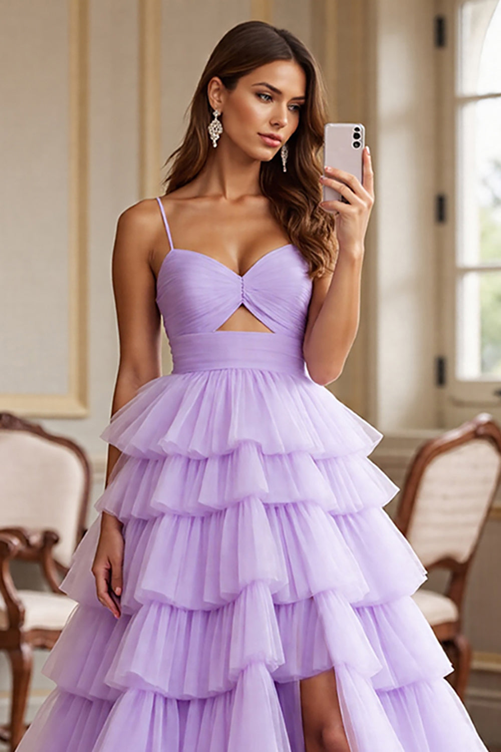 Purple A Line Tulle Spaghetti Straps Maxi Prom Dress with Slit