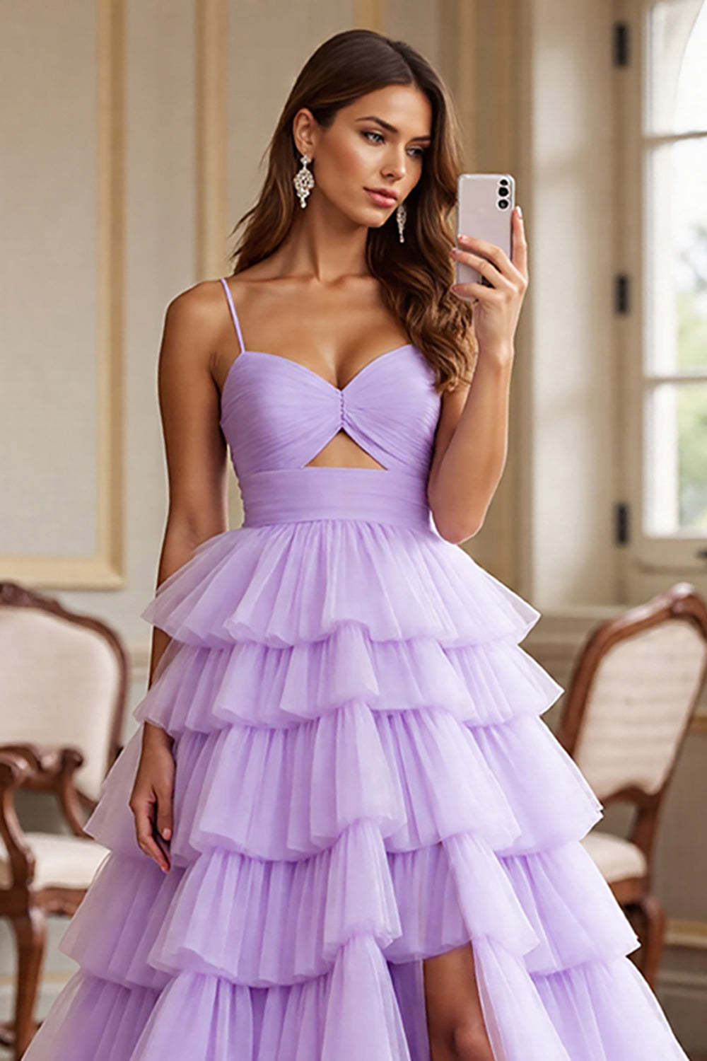 Purple A Line Tulle Spaghetti Straps Maxi Prom Dress with Slit