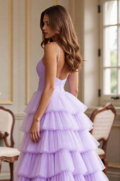 Purple A Line Tulle Spaghetti Straps Maxi Prom Dress with Slit
