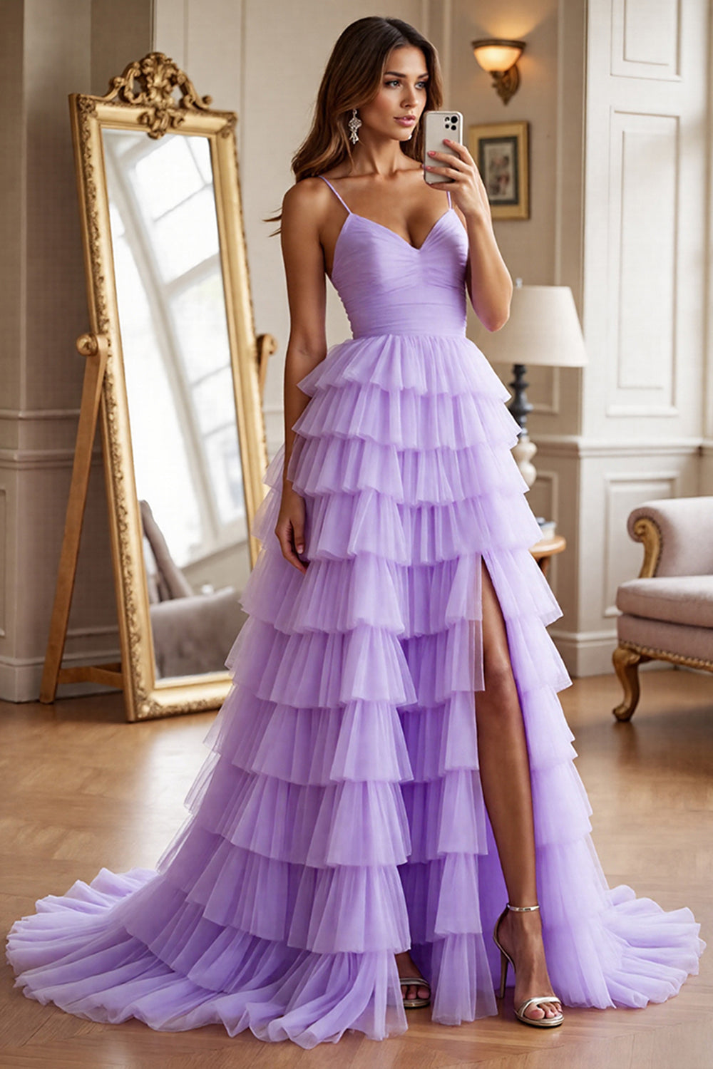 Leely Women Purple Tulle Ruffled Maxi Prom Dress with Slit Tiered A Line Spaghetti Straps Ruched Evening Dress