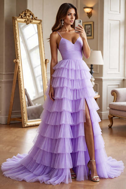 Leely Women Purple Tulle Ruffled Maxi Prom Dress with Slit Tiered A Line Spaghetti Straps Ruched Evening Dress