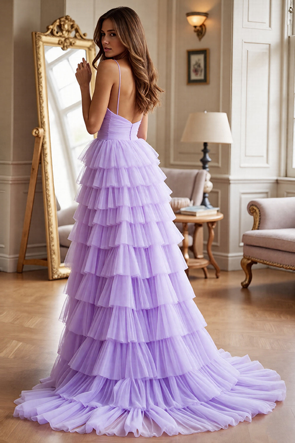 Purple A Line Tiered Tulle Maxi Prom Dress with Slit