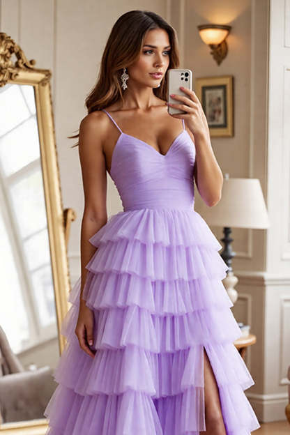 Purple A Line Tiered Tulle Maxi Prom Dress with Slit