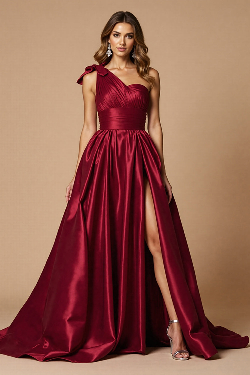 Burgundy Satin A Line One Shoulder Maxi Prom Dress with Slit
