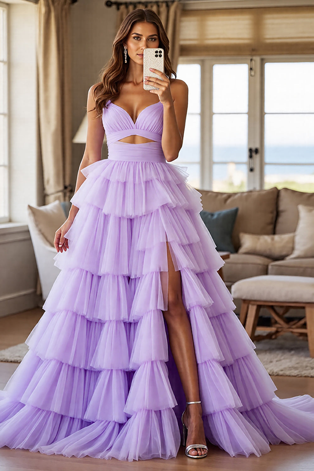 Leely Women Purple Tulle Ball Gown Maxi Prom Dress with Slit Tiered Ruched Spaghetti Straps Keyhole Backless Pageant Dress