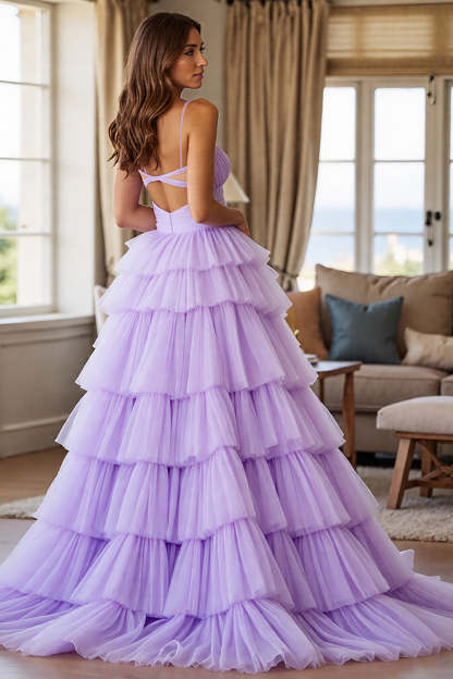 Purple Tulle Tiered V-Neck A Line Maxi Prom Dress with Slit