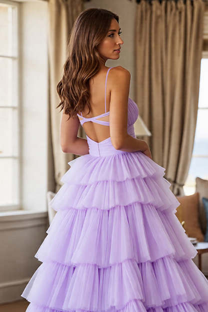 Purple Tulle Tiered V-Neck A Line Maxi Prom Dress with Slit