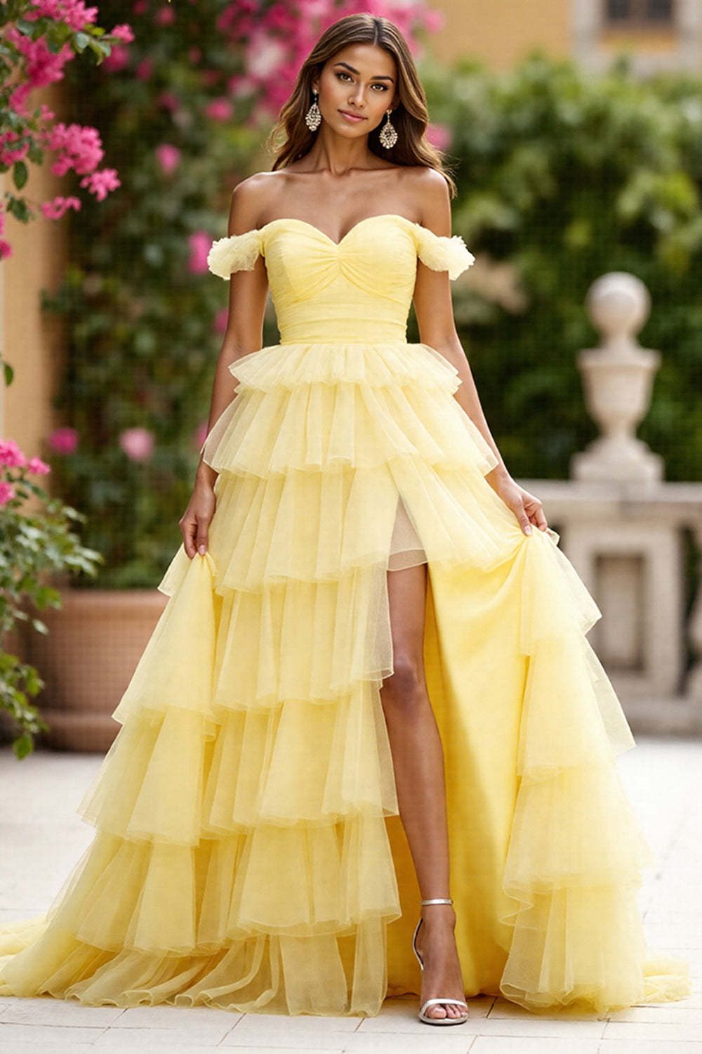 Leely Women Yellow Tulle Maxi Prom Dress with Slit Ball Gown Ruched Off the Shoulder Tiered Pageant Dress