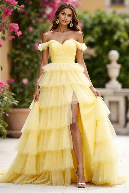 Leely Women Yellow Tulle Maxi Prom Dress with Slit Ball Gown Ruched Off the Shoulder Tiered Pageant Dress