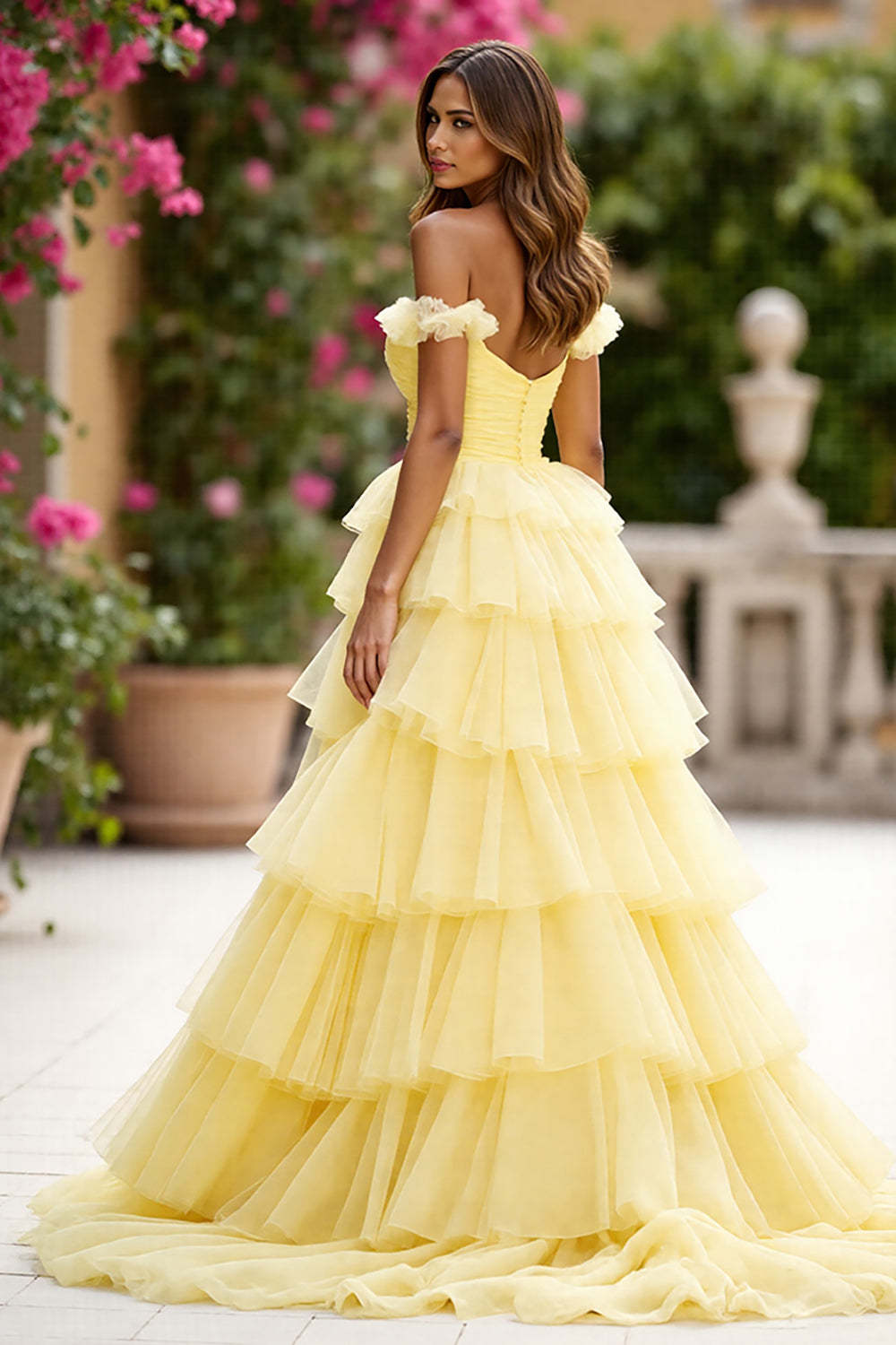 Yellow Ball Gown Tulle Tiered Maxi Prom Dress with Slit