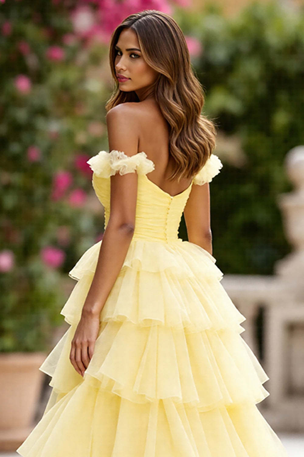 Yellow Ball Gown Tulle Tiered Maxi Prom Dress with Slit