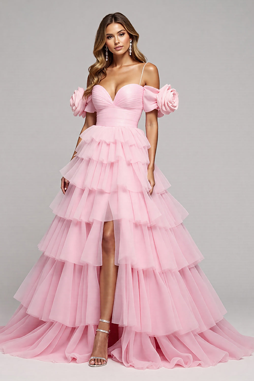 Pink Floral Tulle Ball Gown Maxi Prom Dress with Slit