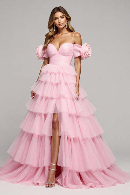 Leely Women Pink Floral Tulle Ball Gown Maxi Prom Dress with Slit Cold Shoulder Ruched Tiered Pageant Dress