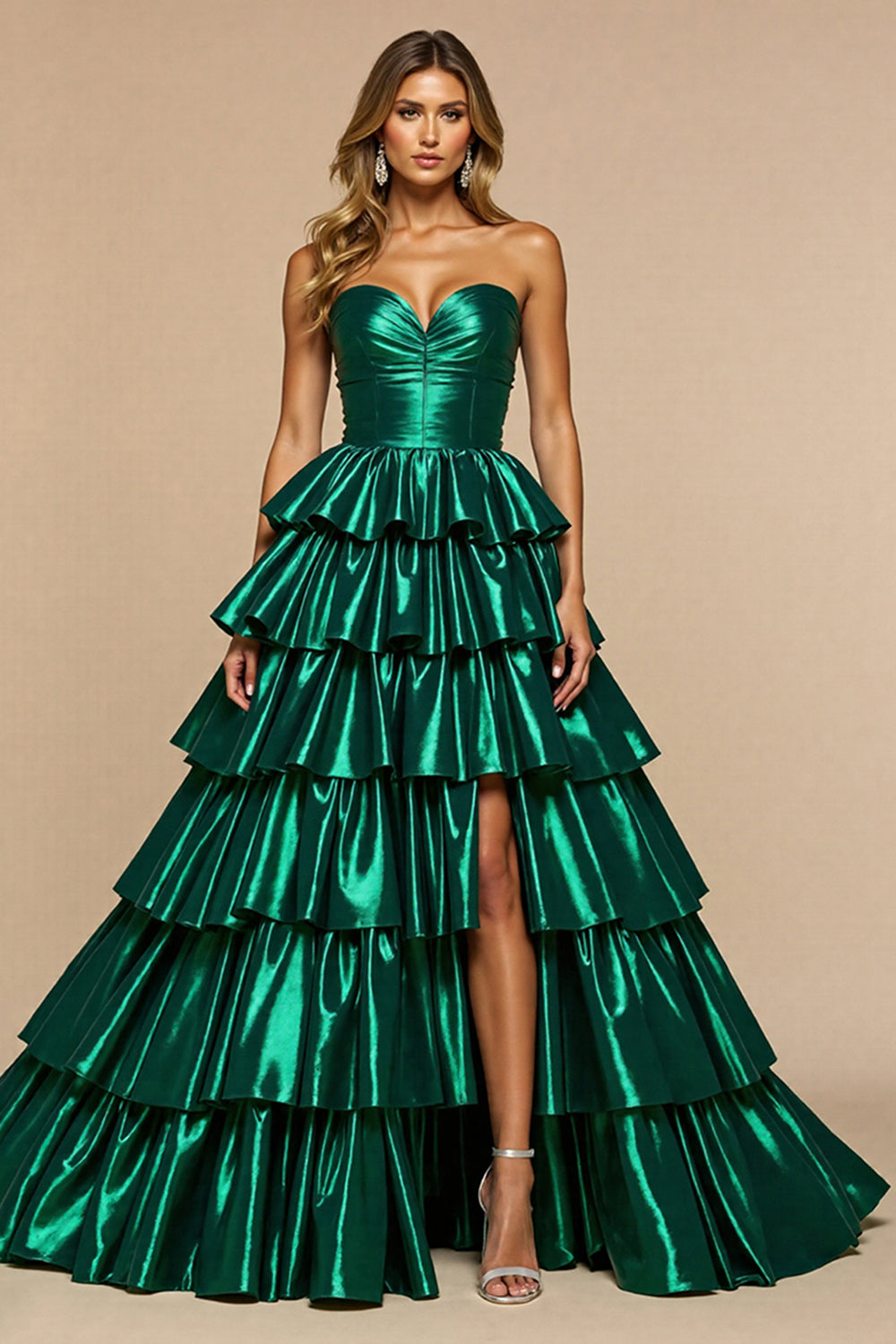 Leely Women Dark Green Satin Maxi Prom Dress with Slit Ball Gown Sweetheart Tiered Evening Dress