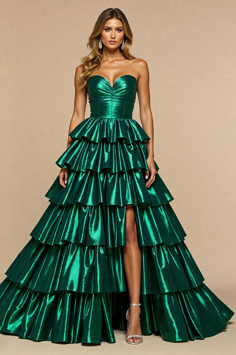 Leely Women Dark Green Satin Maxi Prom Dress with Slit Ball Gown Sweetheart Tiered Evening Dress