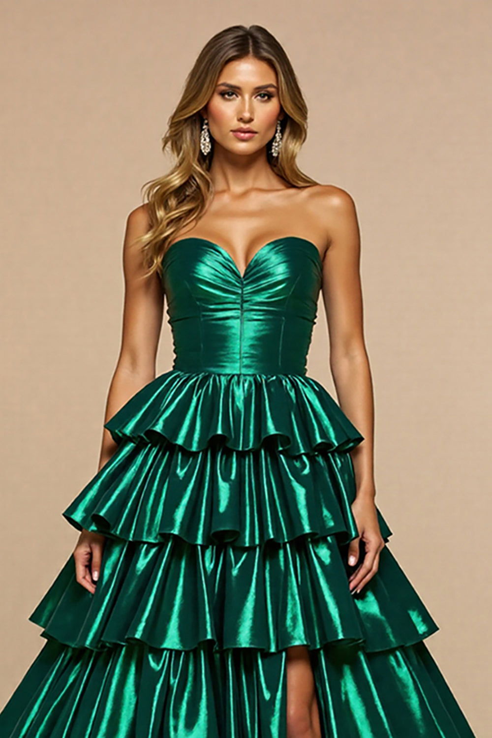 Dark Green Satin Tiered Maxi Ruffled Prom Dress with Slit