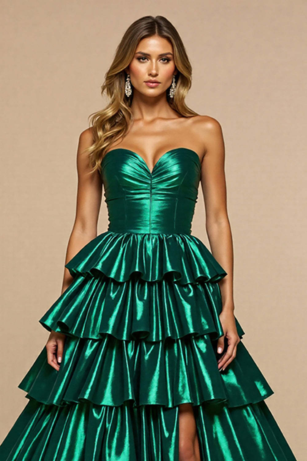 Dark Green Satin Tiered Maxi Ruffled Prom Dress with Slit
