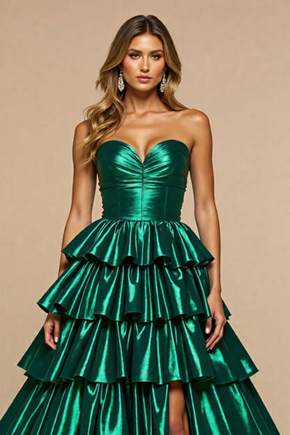 Dark Green Satin Tiered Maxi Ruffled Prom Dress with Slit