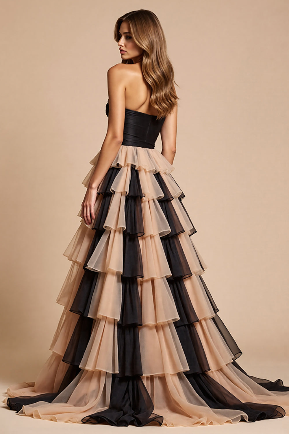 Black and Pink Strapless Tulle Ball Gown Maxi Prom Dress with Slit