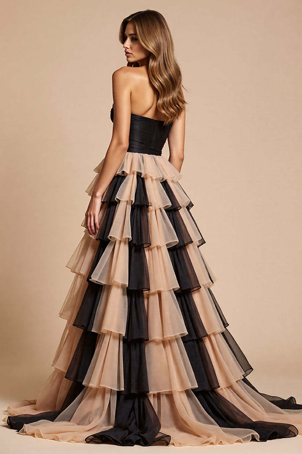 Black and Pink Strapless Tulle Ball Gown Maxi Prom Dress with Slit