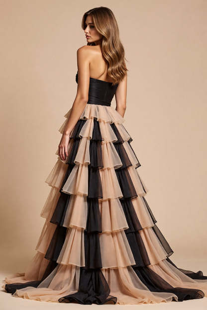 Black and Pink Strapless Tulle Ball Gown Maxi Prom Dress with Slit