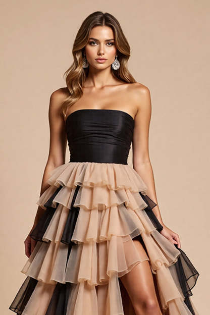 Black and Pink Strapless Tulle Ball Gown Maxi Prom Dress with Slit