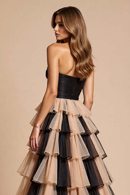 Black and Pink Strapless Tulle Ball Gown Maxi Prom Dress with Slit