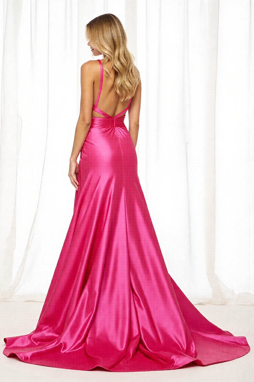 Fuchsia Cut Out Satin A Line Maxi Prom Dress with Slit
