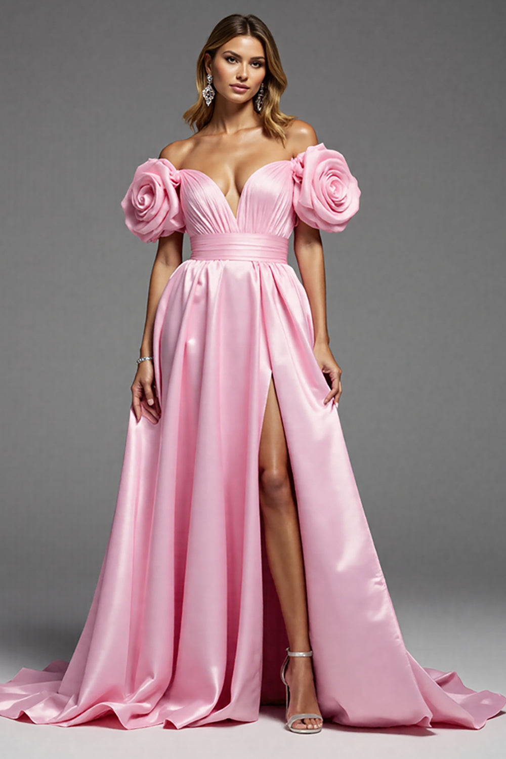 Leely Women Pink Satin Floral Maxi Prom Dress with Slit Off the Shoulder A Line Ruched Evening Dress
