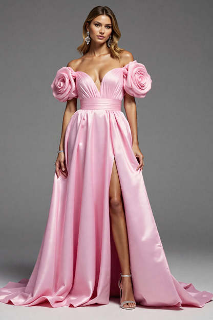 Leely Women Pink Satin Floral Maxi Prom Dress with Slit Off the Shoulder A Line Ruched Evening Dress