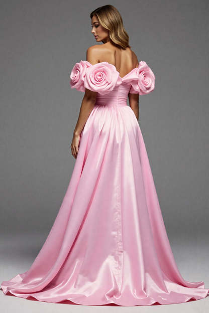 Pink Satin A Line Maxi Floral Prom Dress with Slit