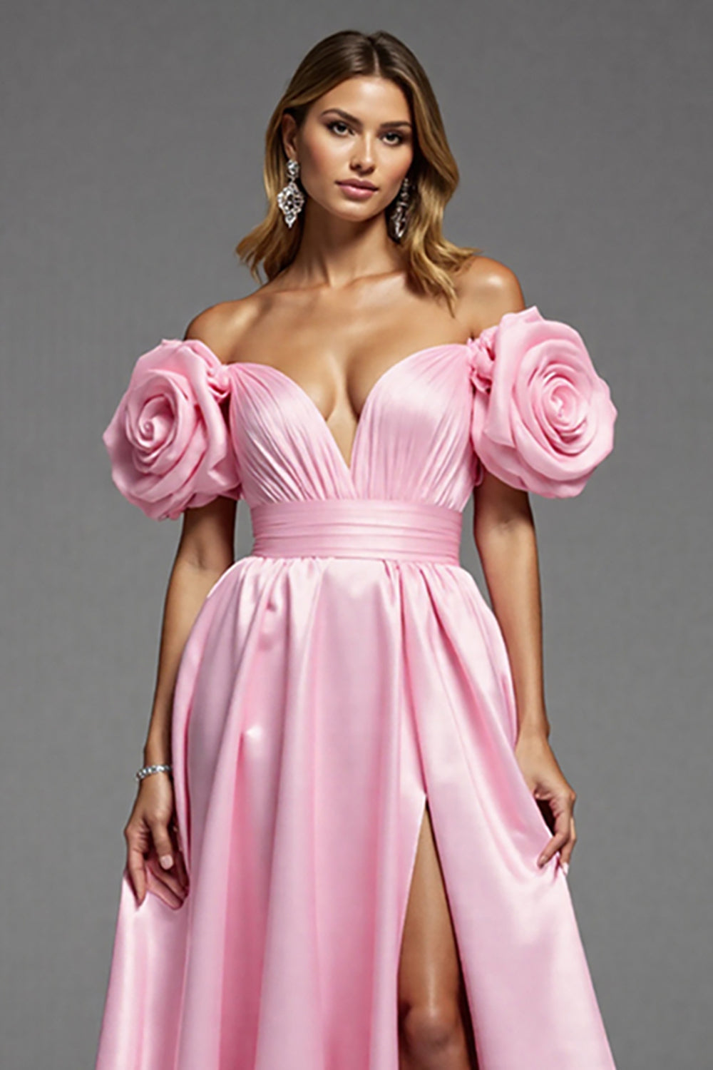 Pink Satin A Line Maxi Floral Prom Dress with Slit