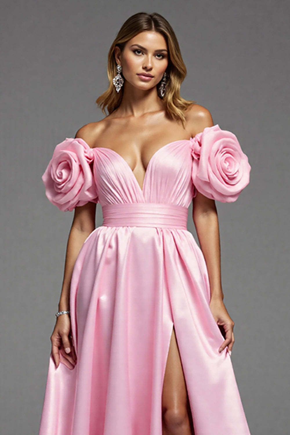 Pink Satin A Line Maxi Floral Prom Dress with Slit