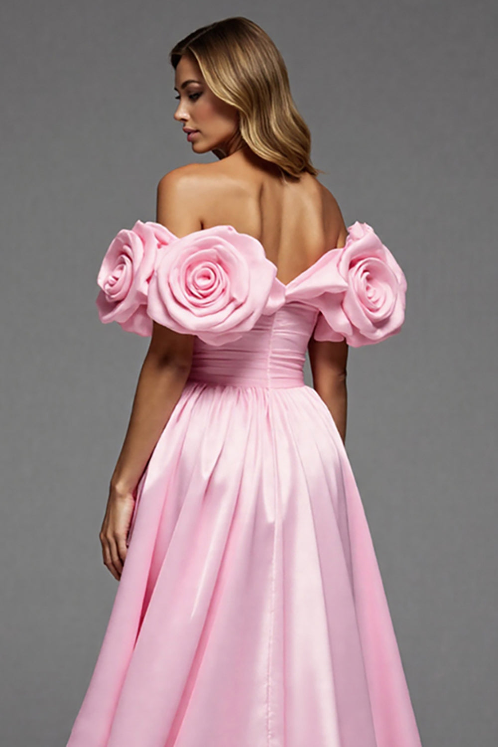 Pink Satin A Line Maxi Floral Prom Dress with Slit