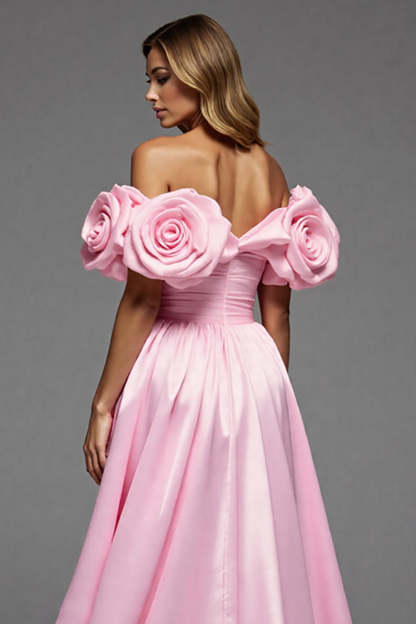 Pink Satin A Line Maxi Floral Prom Dress with Slit