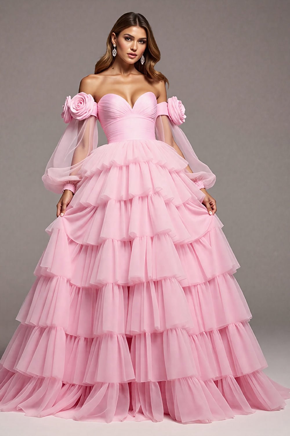 Floral Pink Tulle Lantern Sleeves Maxi Prom Dress with Ruffles