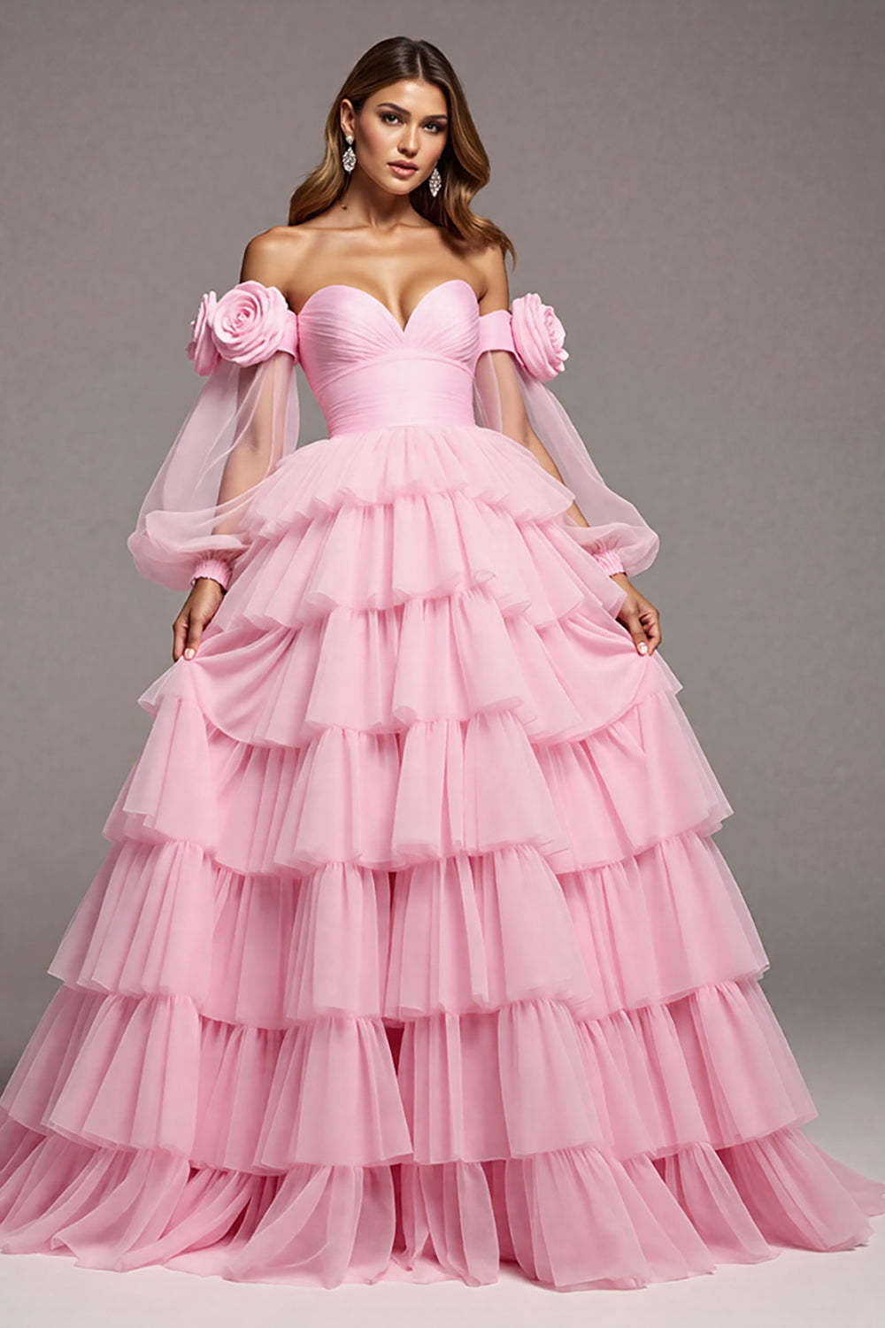 Leely Women Pink Tulle Floral Maxi Prom Dress with Ruffles Ball Gown Off the Shoulder Tiered Pageant Dress with Sleeves