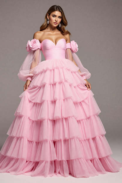 Leely Women Pink Tulle Floral Maxi Prom Dress with Ruffles Ball Gown Off the Shoulder Tiered Pageant Dress with Sleeves