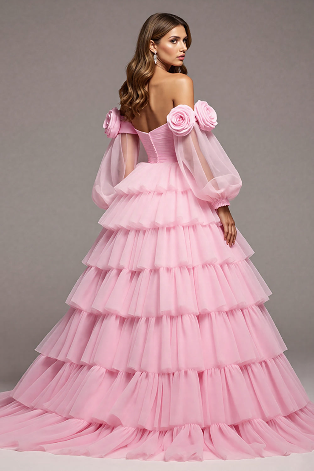 Floral Pink Tulle Lantern Sleeves Maxi Prom Dress with Ruffles
