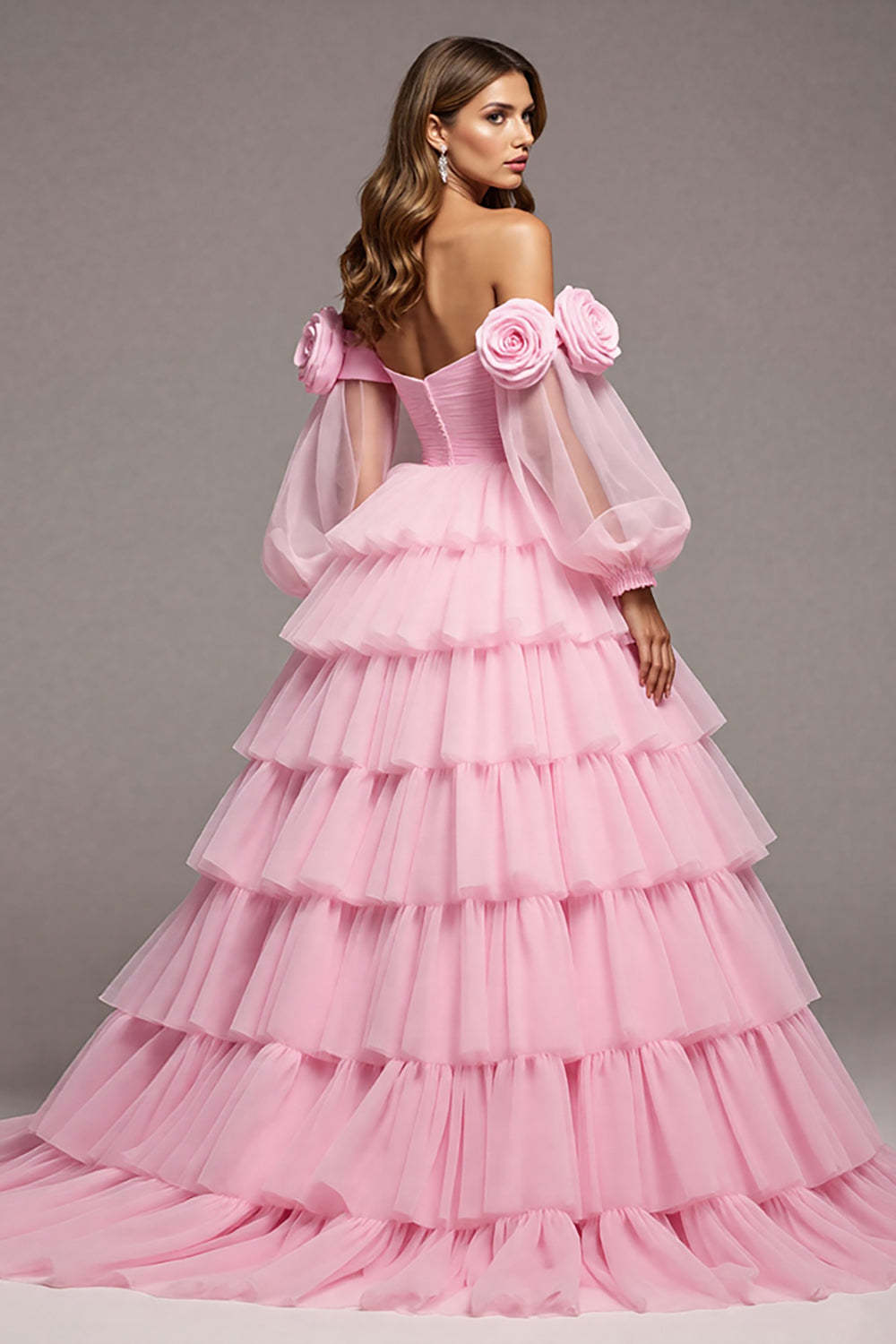 Floral Pink Tulle Lantern Sleeves Maxi Prom Dress with Ruffles