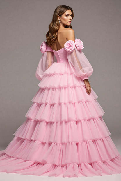 Floral Pink Tulle Lantern Sleeves Maxi Prom Dress with Ruffles