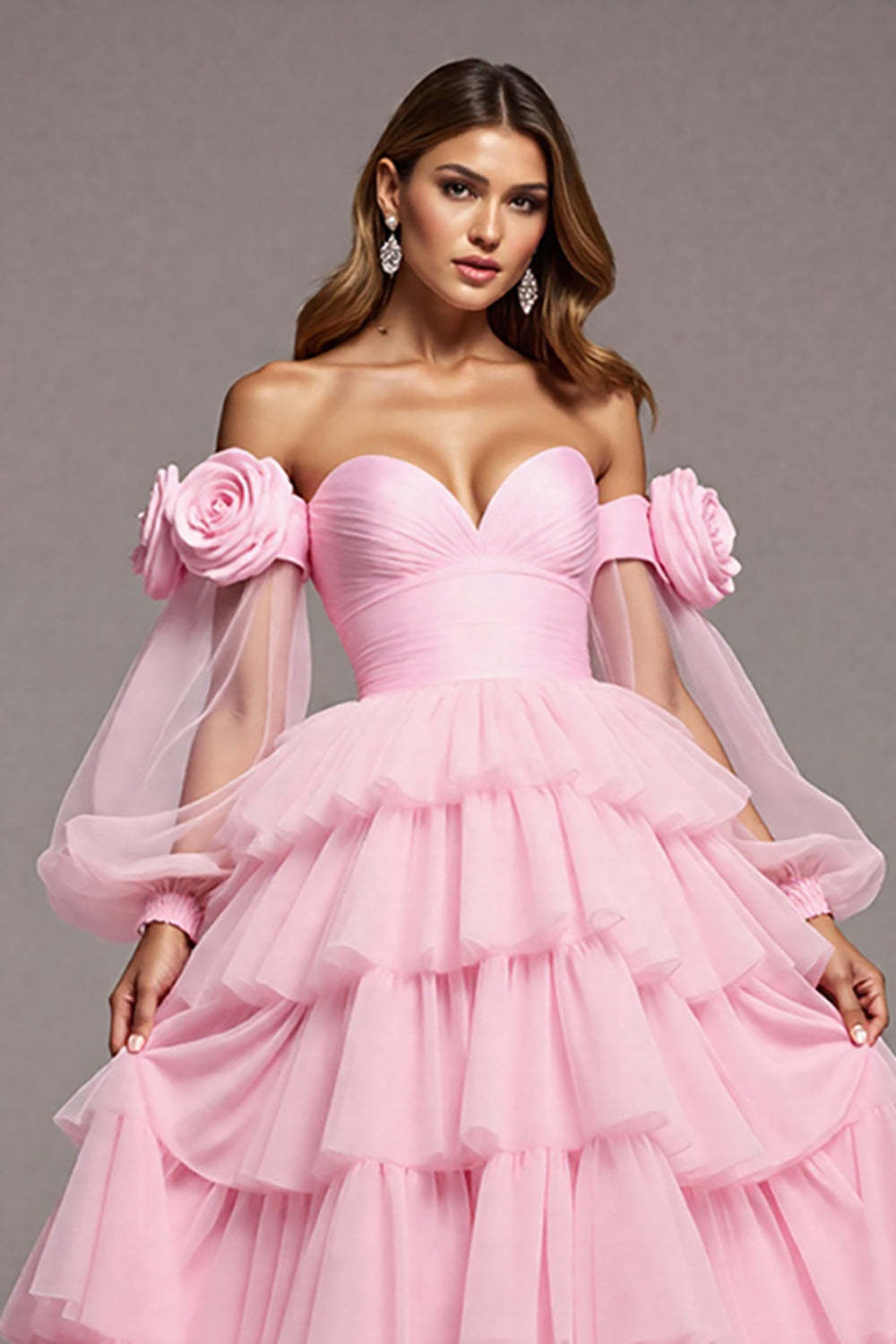 Floral Pink Tulle Lantern Sleeves Maxi Prom Dress with Ruffles