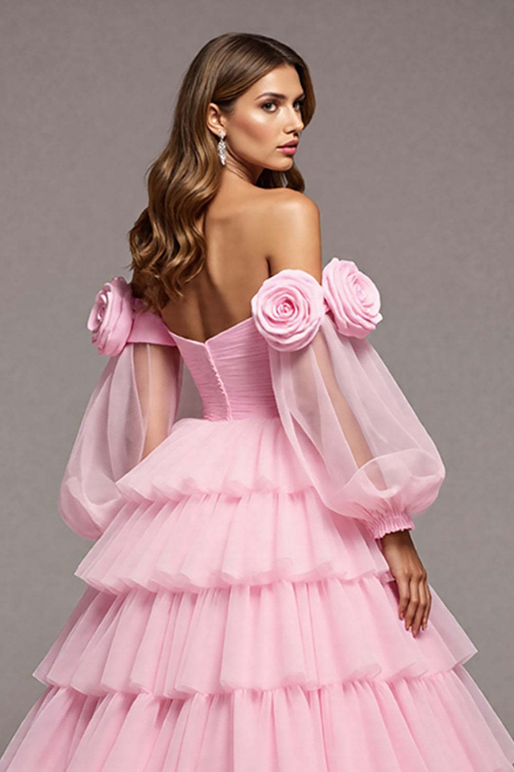 Floral Pink Tulle Lantern Sleeves Maxi Prom Dress with Ruffles