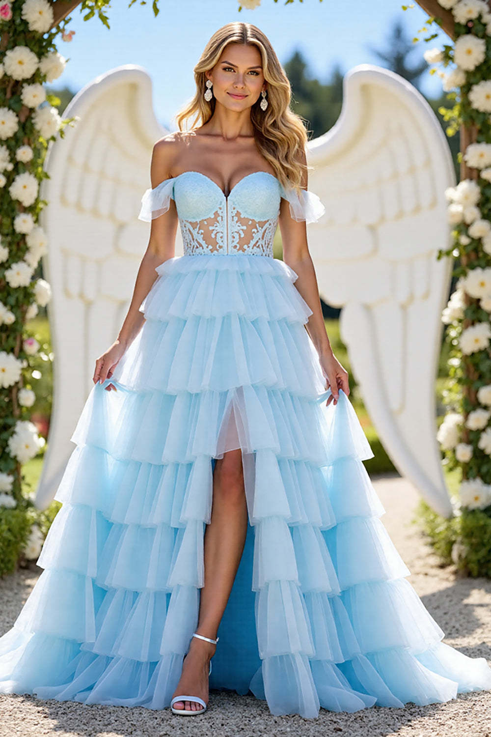 Leely Women Blue Tulle Ball Gown Maxi Prom Dress with Appliques Tiered Off the Shoulder Formal Dress with Slit