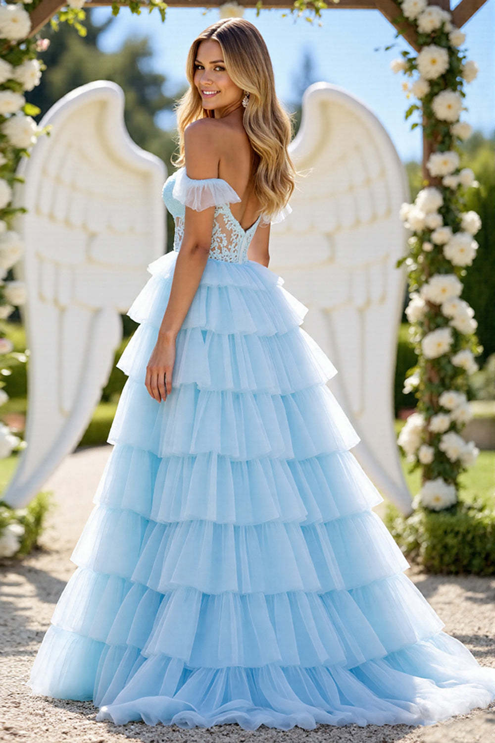 Blue A Line Tulle Tiered Maxi Prom Dress with Appliques