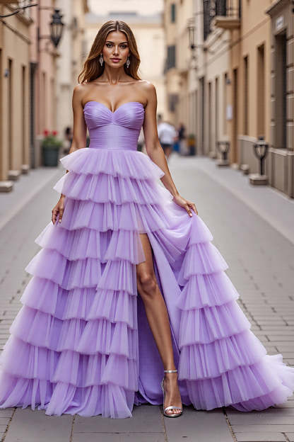 Leely Women Purple Tulle Maxi Prom Dress with Ruffles A Line Sweetheart Tiered Pageant Dress with Slit