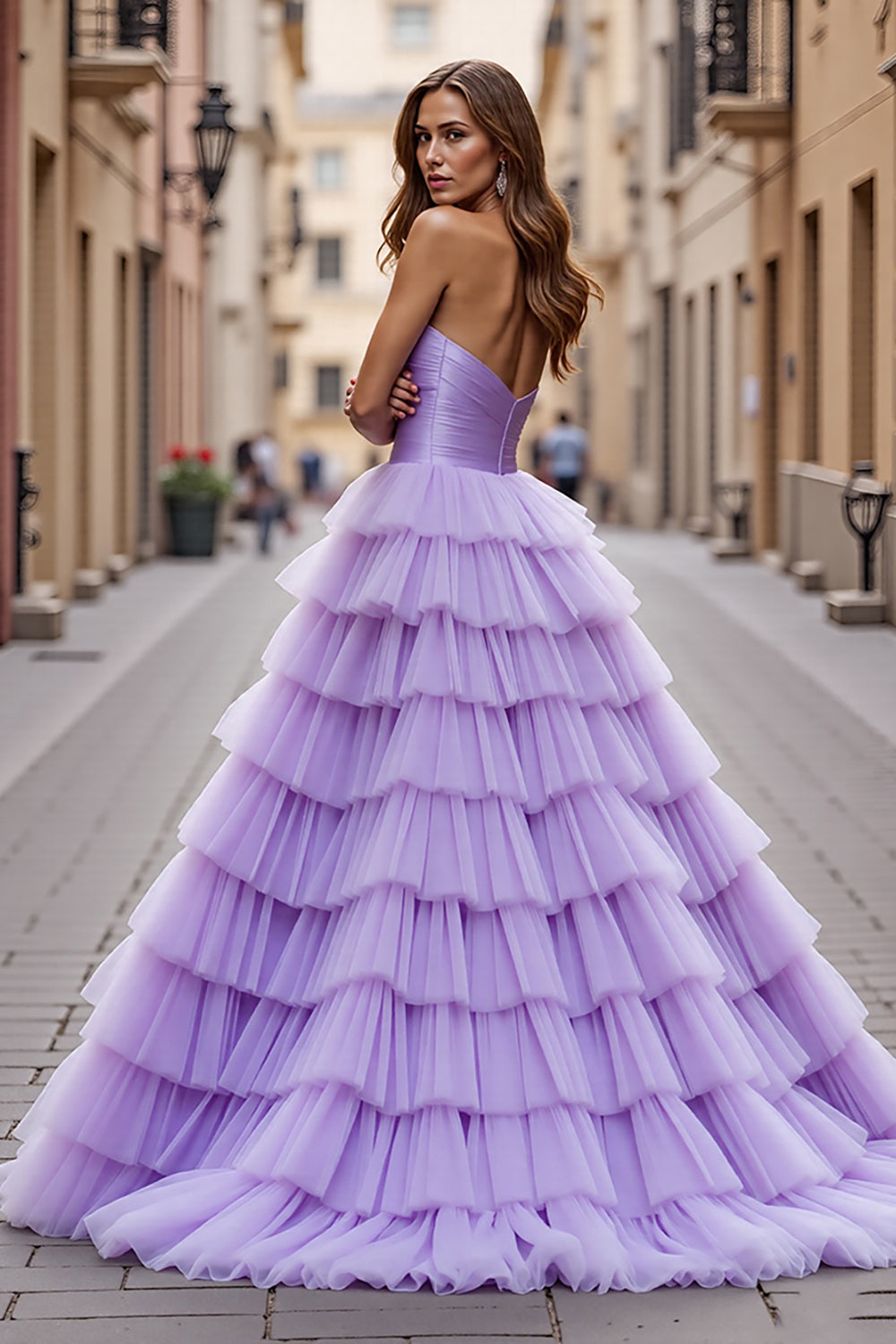 Purple Ball Gown Tulle Maxi Prom Dress with Ruffles
