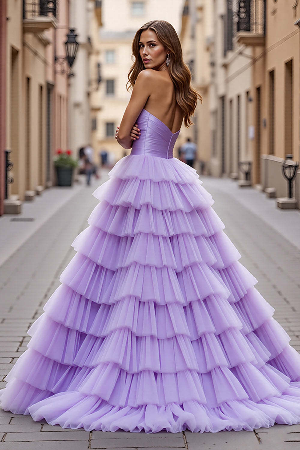 Purple Ball Gown Tulle Maxi Prom Dress with Ruffles