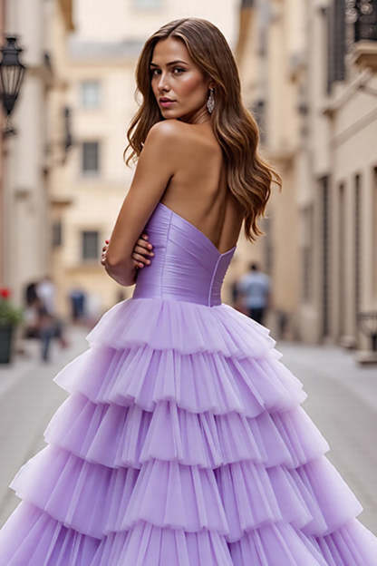 Purple Ball Gown Tulle Maxi Prom Dress with Ruffles