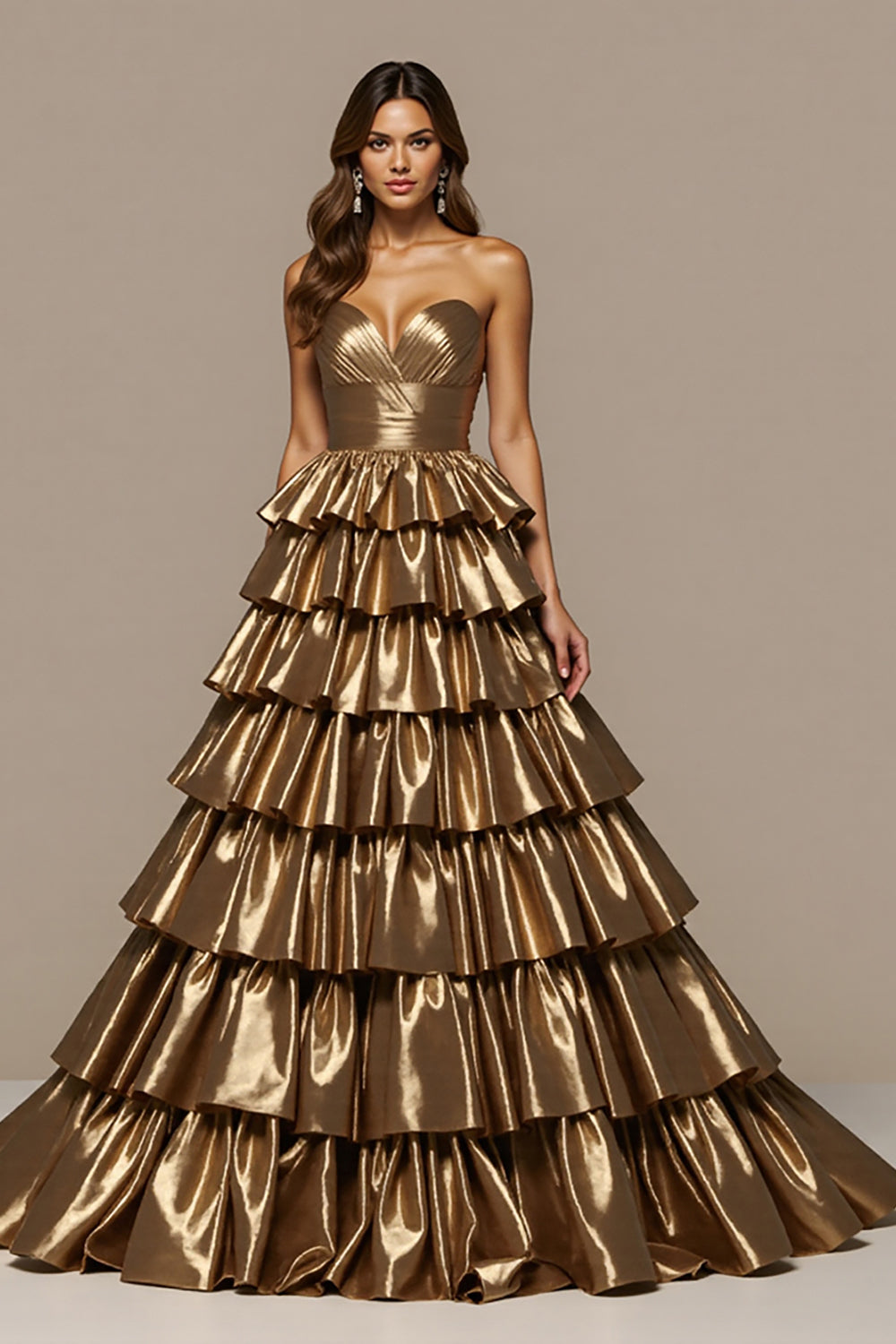 Golden Tiered Satin Ball Gown Maxi Prom Dress with Ruffles